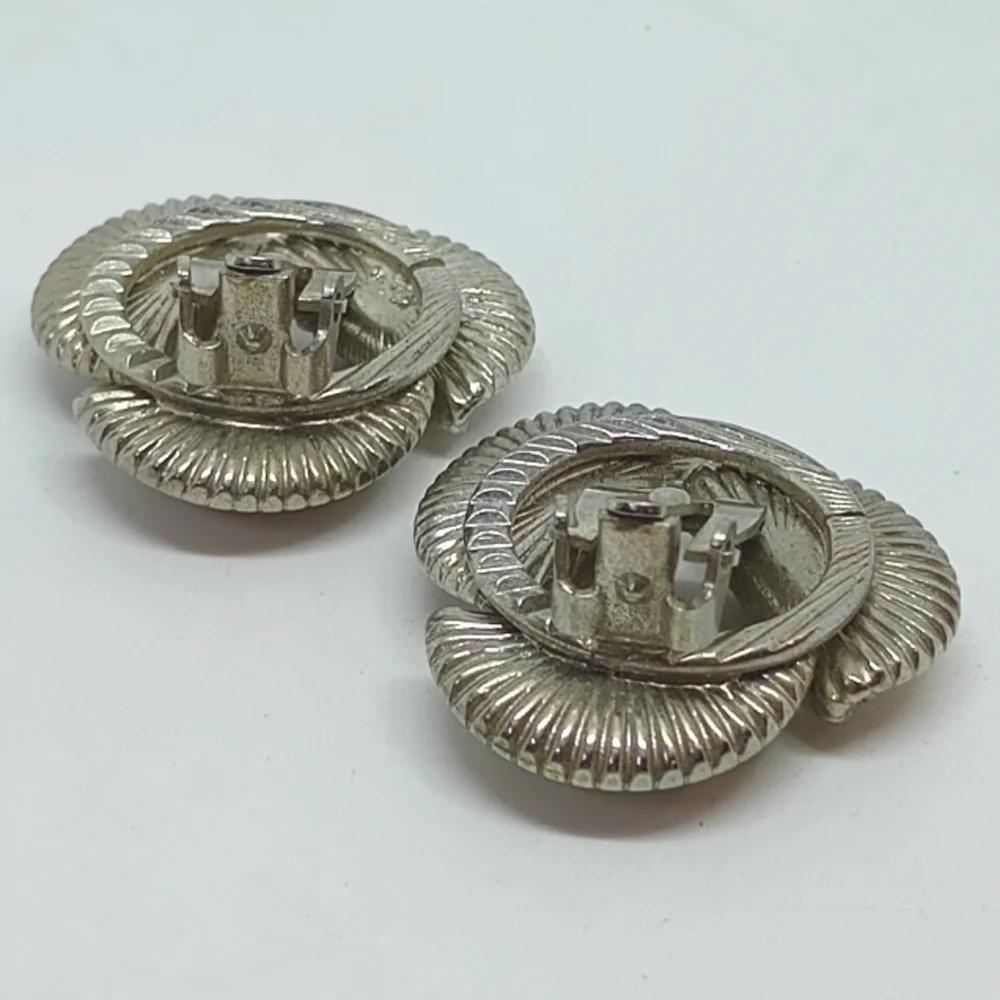 * vintage textured silver tone & rhinestones clip on earrings